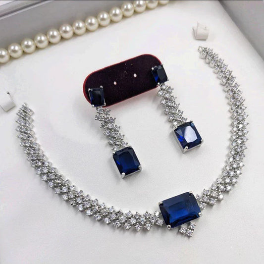Silver plated diamanten ketting set- blauw met witte stenen