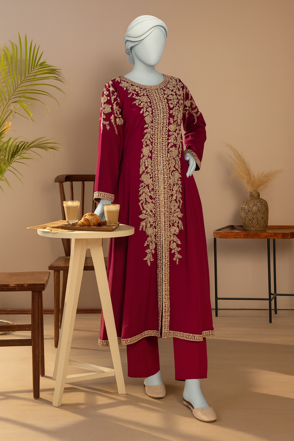 Donkerrode Anarkali Jurk – Luxe Islamitische Feestjurk met Lange Mouwen