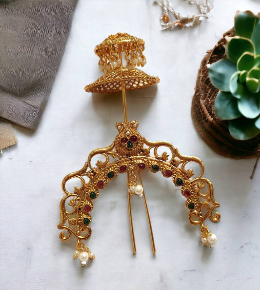 Gouden haarpin Indiase stijl - goldplated roze/groene steentjes