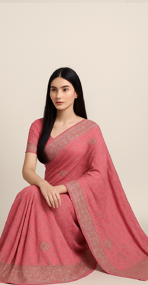 Roze sareestof met strass steentjes