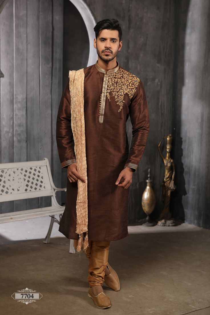 Kurta Pajama heren - bruin met goud maat 38