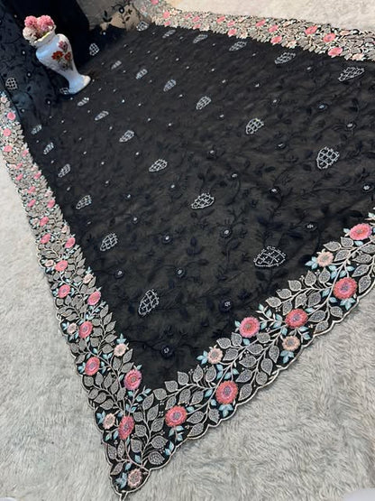 Saree met steentjes en gekleurde bewerking - zwart