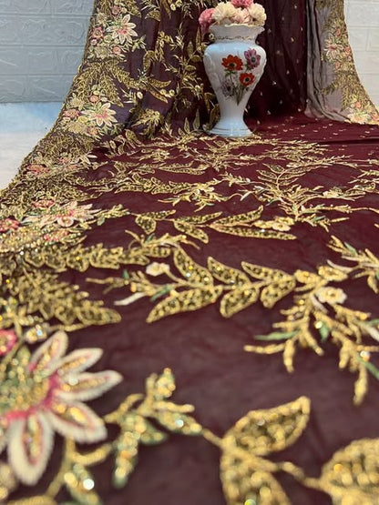 Zware saree met steentjes - bruin