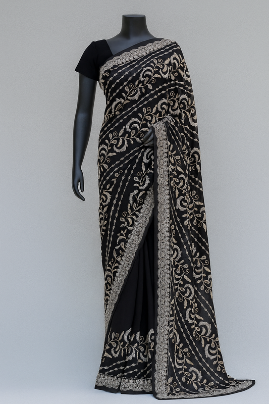 Zware saree met steentjes - zilver en gouden bewerking