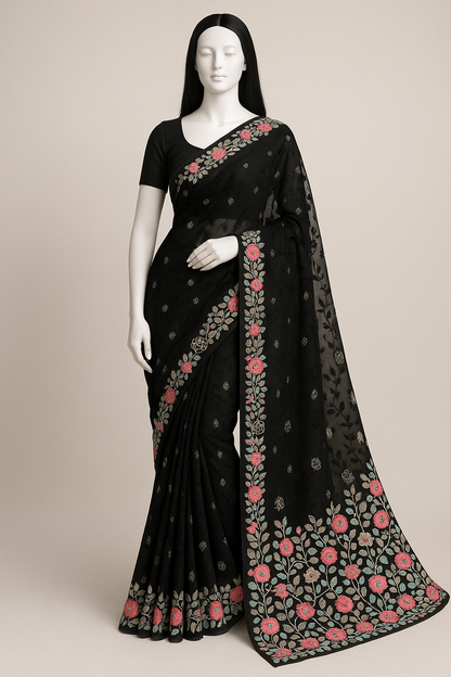 Saree met steentjes en gekleurde bewerking - zwart