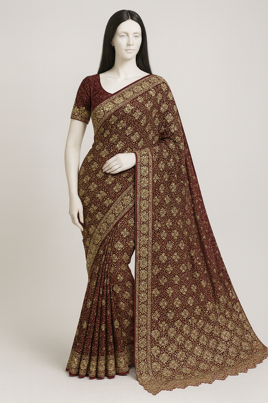 Steenwerk saree - bordeaux bruin