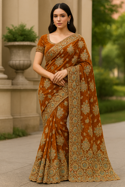 Goud bruine sareestof met gouden steentjes