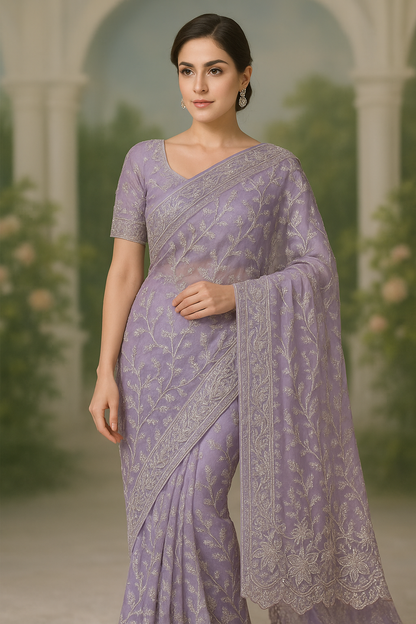 Lila kleurige saree met steentjes